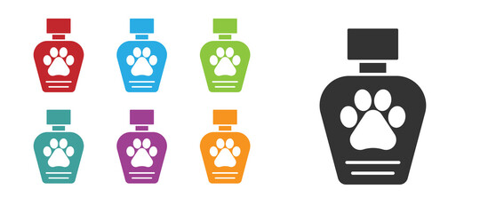Black Pet shampoo icon isolated on white background. Pets care sign. Dog cleaning symbol. Set icons colorful. Vector.
