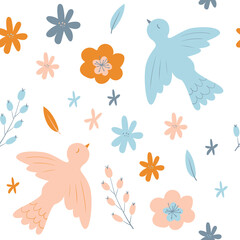 Seamless vector pattern with birds and flowers. Summer pattern. Vector animal background. A Scandinavian-style pattern. For wallpaper, textiles, fabric, paper.