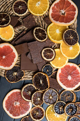 Citrus and chocolate. Orange and grapefruit. Dried citrus fruits. Cloves. The view from the top.