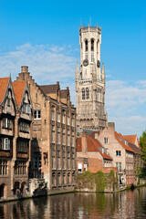 Fototapeta na wymiar Belfry and Rozenhoedkaai, Historic centre of Bruges, Belgium, Unesco World Heritage Site.