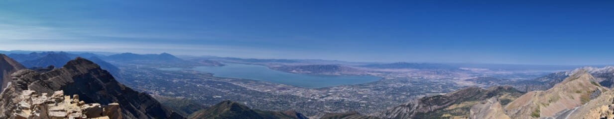Timpanogos hiking trail landscape views in Uinta Wasatch Cache National Forest, around Utah Lake, in the Rocky Mountains in fall. Views of Midway, Heber, Provo city, Salt Lake and Utah County. USA.