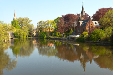 Naklejka premium Minnewaterpark (Love lake), Historic centre of Bruges, Belgium, Unesco World Heritage Site.