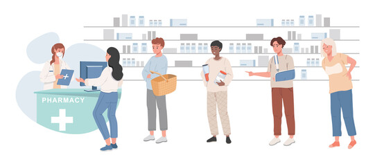 Costumers standing in line in pharmacy and buying drugs vector flat illustration. Pharmacist in medical robe and protective face mask standing at the counter and selling drugs to ill people.