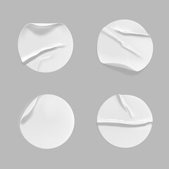 White round crumpled sticker mock up set. Adhesive clear white paper or plastic sticker label with glued, wrinkled effect on gray background. Blank templates label or price tags. 3d realistic vector