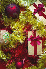 gift boxes with bows and Christmas toys