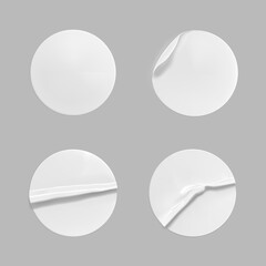 White round crumpled sticker mock up set. Adhesive clear white paper or plastic sticker label with glued, wrinkled effect on gray background. Blank templates label or price tags. 3d realistic vector