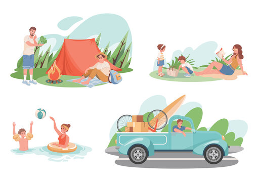 Set of summer vacation activities. Happy smiling people camping, swimming, have a picnic outdoor on nature, moving to the forest on weekends. Active lifestyle outdoor vector flat illustration.