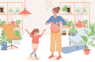 Mother telling her daughter about pregnancy vector flat illustration. Little girl happy about the future brother or sister. Mother and daughter waiting for a newborn baby.