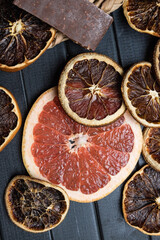 Citrus and chocolate. Orange and grapefruit. Dried citrus fruits. Cloves. The view from the top.