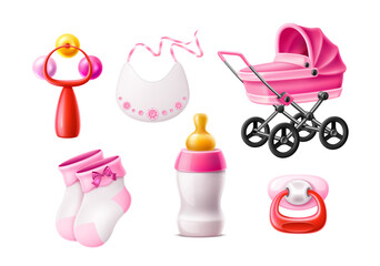 Vector realistic newborn infant baby products set