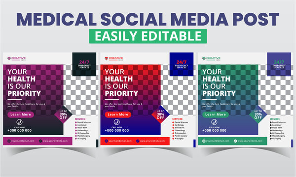 Medical social media post design Vector editable templates. Modern geometrical shapes composition square Promo Social Media Healthcare Post Layouts Timeline Web Banner & Poster with photo collage.