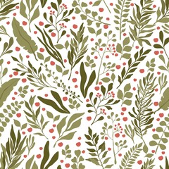Green leaves, branches, and red berries seamless pattern. Summer or autumn foliage vector flat backdrop. Elegant repetitive floral background for wedding, birthday party design.