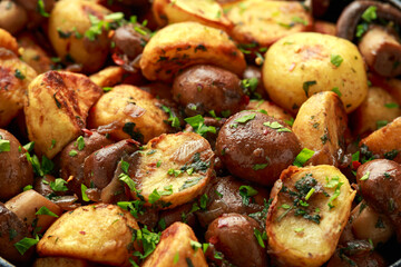 Baked potato with mushrooms and herbs in iron cast pan on wooden table