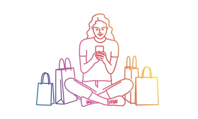 Woman using phone, girl bags, great design for any purposes. Vector line.