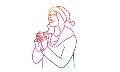 Woman in New Year hat is holding a cup. Christmas celebration. Vector line.