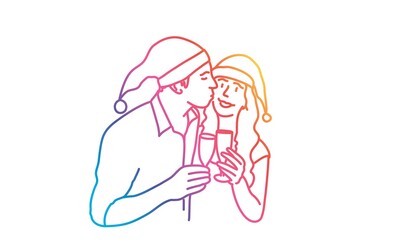 Man kisses woman on white background. Vector line.