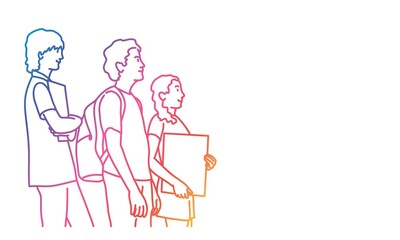 Beautiful portrait of three teenagers on white background. Vector line.