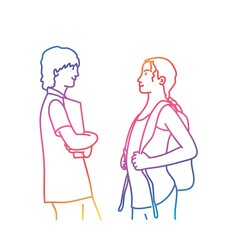 Teenager school children. Vector line.