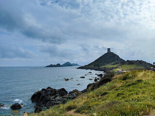 Fototapeta na wymiar Vue sur les Îles Sanguinaires (Corse) par temps nuageux