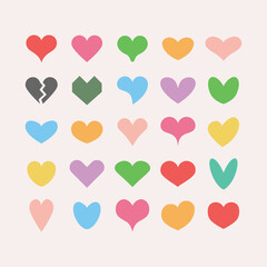 Trendy and colorful cute solid and isolated different beautiful heart shapes icons set on pink background