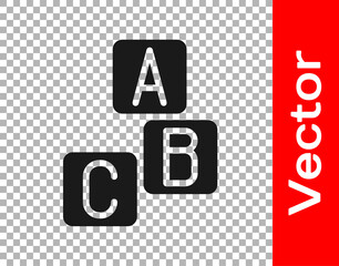 Black ABC blocks icon isolated on transparent background. Alphabet cubes with letters A,B,C. Vector.