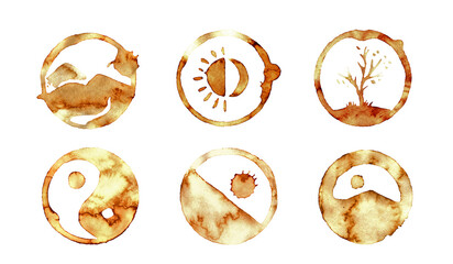Coffee or tea black spots. Coffee spots with picture of nature. Dirty cup splash three rings stain or coffee stamp. Illustration for cafe design