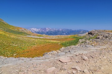Timpanogos hiking trail landscape views in Uinta Wasatch Cache National Forest, around Utah Lake, in the Rocky Mountains in fall. Views of Midway, Heber, Provo city, Salt Lake and Utah County. USA.