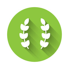 White Laurel wreath icon isolated with long shadow. Triumph symbol. Green circle button. Vector.