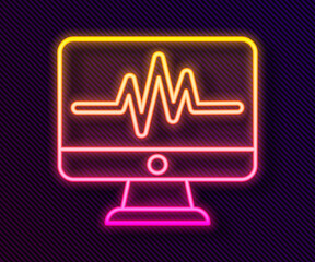 Glowing neon line Computer monitor with cardiogram icon isolated on black background. Monitoring icon. ECG monitor with heart beat hand drawn. Vector Illustration.