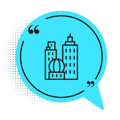 Black line City landscape icon isolated on white background. Metropolis architecture panoramic landscape. Blue speech bubble symbol. Vector Illustration.