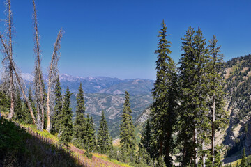 Timpanogos hiking trail landscape views in Uinta Wasatch Cache National Forest, around Utah Lake, in the Rocky Mountains in fall. Views of Midway, Heber, Provo city, Salt Lake and Utah County. USA.