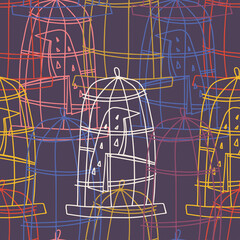 Vector seamless vintage pattern with lined colorful ornamental birds in cages on dark violet background. The design is perfect for textiles, decorations, backgrounds, surfaces, wrapping paper