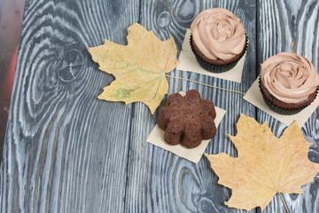 Chocolate cupcakes with cream cheese cream. Nearby are dried maple leaves. On pine planks painted black and white.
