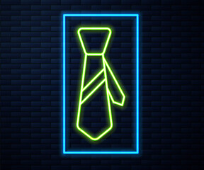 Glowing neon line Tie icon isolated on brick wall background. Necktie and neckcloth symbol. Vector Illustration.