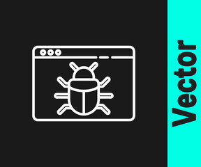 White line System bug concept icon isolated on black background. Code bug concept. Bug in the system. Bug searching. Vector.
