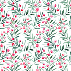 Fototapeta premium watercolor pattern with hand painted red flowers, seamless print for textile or wallpaper