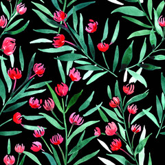 watercolor pattern with hand painted red flowers on black background, seamless print for textile or wallpaper