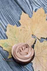 Chocolate cupcakes with cream cheese cream. Nearby are dried maple leaves. On pine planks painted black and white.