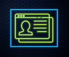 Glowing neon line Resume icon isolated on brick wall background. CV application. Searching professional staff. Analyzing personnel resume. Vector.