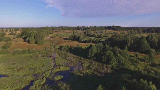 White Winch Flying Over a Swampy Area. Aerial