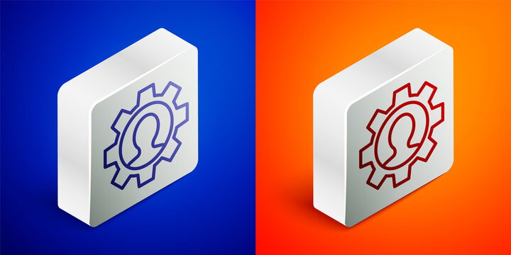 Isometric line Human with gear icon isolated on blue and orange background. Artificial intelligence. Thinking brain sign. Symbol work of brain. Silver square button. Vector.