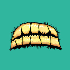 Vector cartoon funny zombie monster mouth with rotten teeth isolated on an azure background. Vector happy Halloween kids t-shirt design template with funky monster mouth