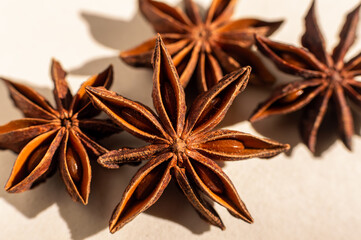 Close up of 4 star anise seed pods on a cream colored background, Focused on one seed pod