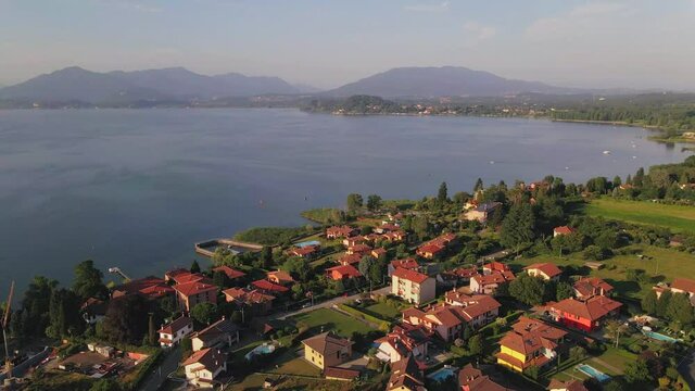 Top Down Aerial Tracking Shot of Ranco on Lake Maggiore in Italy