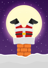 Santa Claus stuck in the chimney on the snowy roof