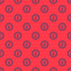 Naklejka premium Blue line Coin money with pound sterling symbol icon isolated seamless pattern on red background. Banking currency sign. Cash symbol. Vector.