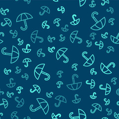 Obraz premium Green line Classic elegant opened umbrella icon isolated seamless pattern on blue background. Rain protection symbol. Vector.