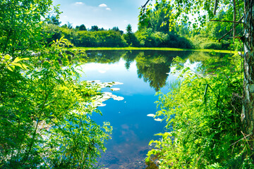 Fototapeta na wymiar Blue lake in green forest, spring nature landscape
