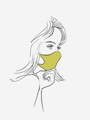 Sketch of teenage girl in fashion medical face mask, Coronavirus prevention. Side view portrait with long hair. Vector hand drawn illustration