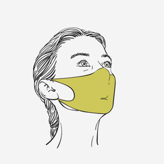 Woman portrait in fashion medical face mask looking up, Coronavirus prevention. Hand drawn linear illustration, Vector sketch isolated